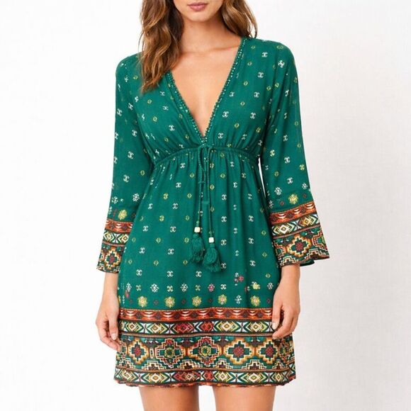 Xhilaration Dresses & Skirts - Boho Teal Green V-Neck Mini Dress Tie Waist Peasant Bell Sleeve Country Size M